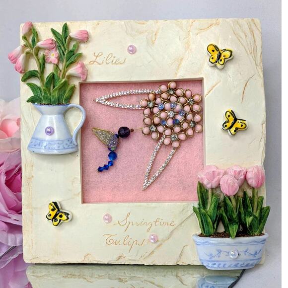 Artisan Hummingbird Jewelry Art Garden Nature Frame Vintage Beaded Crystals 3D - Picture 12 of 13